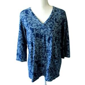 Pure Jill Indigo Women's Petite Blue 3/4 Sleeve Floral Print Shirt Size MP